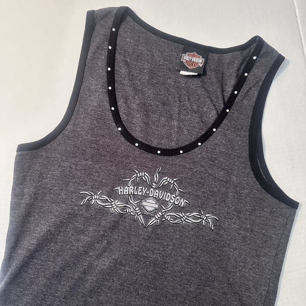 Harley Davidson Women's Grey Studded Bob Wire Tank Top Size XXL Stubbs Houston